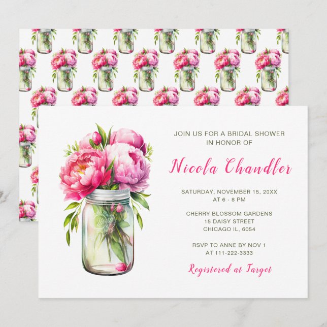 Invitación Pink Peonies Mason Jar Bridal Shower (Anverso / Reverso)