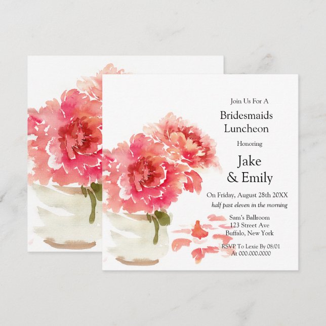 Invitación Pink Peonies Mason Jar Bridesmaids Luncheon (Anverso / Reverso)