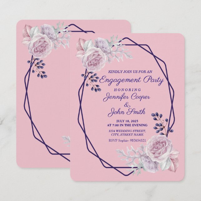 Invitación Pink Peonies Purple Geometric Frame Engagement (Anverso / Reverso)