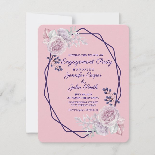 Invitación Pink Peonies Purple Geometric Frame Engagement (Anverso)