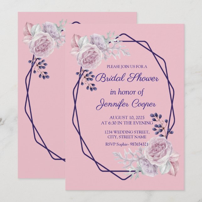 Invitación Pink Peonies Purple Geometric Frame Shower (Anverso / Reverso)