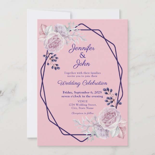 Invitación Pink Peonies Purple Geométrico Frame Floral Boda (Anverso)