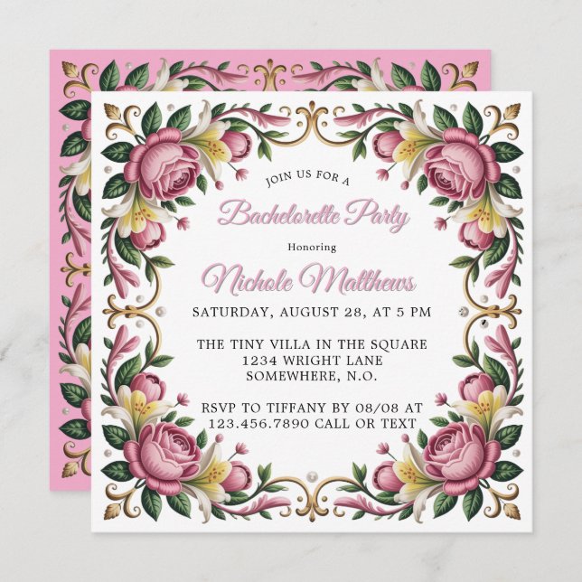 Invitación Pink Peonies Rococo Frame Bachelorette (Anverso / Reverso)