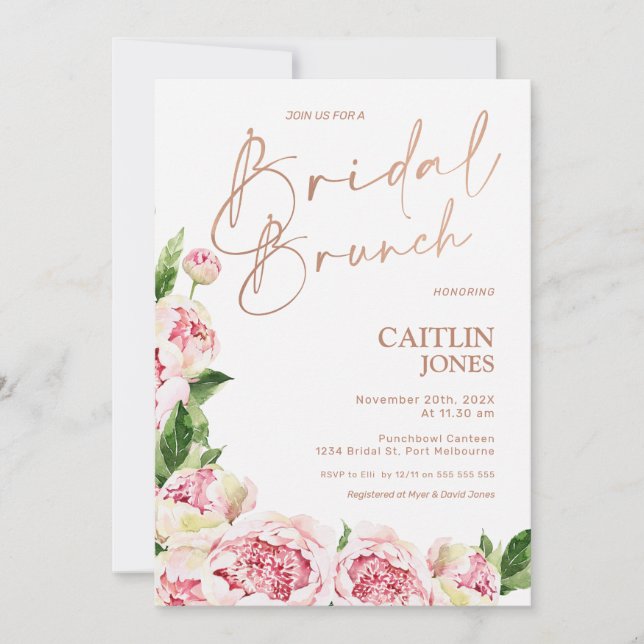 Invitación Pink Peonies Rosa Gold Bridal Brunch Ducha (Anverso)