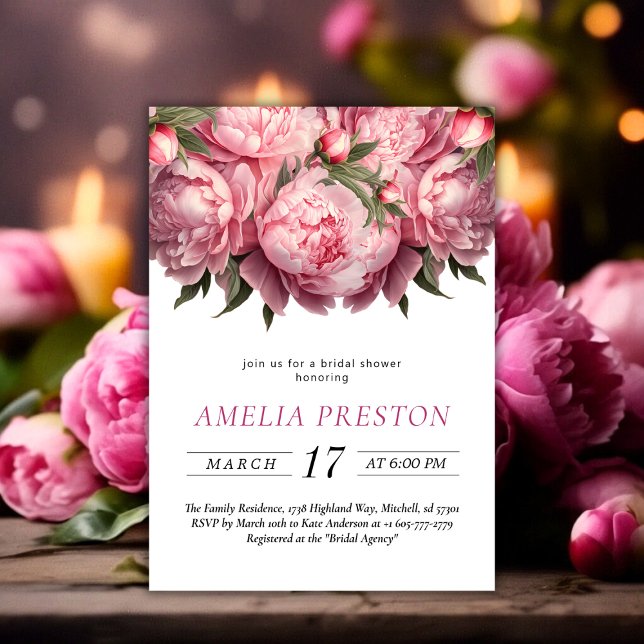 Invitación Pink Peonies Watercolor Brilla Shower (Pink Peonies Watercolor Bridal Shower Invitation)