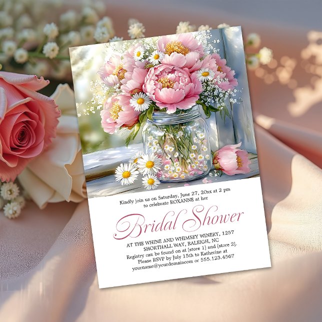 Invitación Pink Peonies White Daisies in Mason Jar (Subido por el creador)