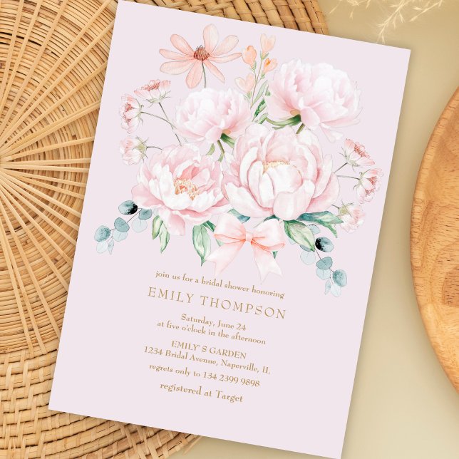 Invitación Pink Peonies Wildflowers Bow Garden Bridal Shower (Subido por el creador)