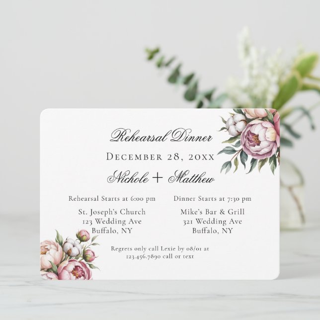 Invitación Pink Peony and Cotton Wedding Rehearsal Dinner (Anverso de pie)