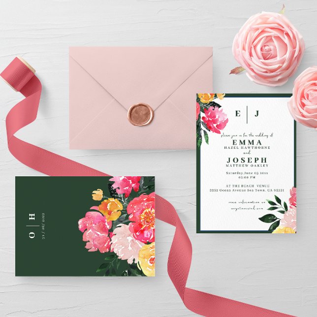 Invitación Pink Peony Boquet Floral sobre el Boda verde (Subido por el creador)