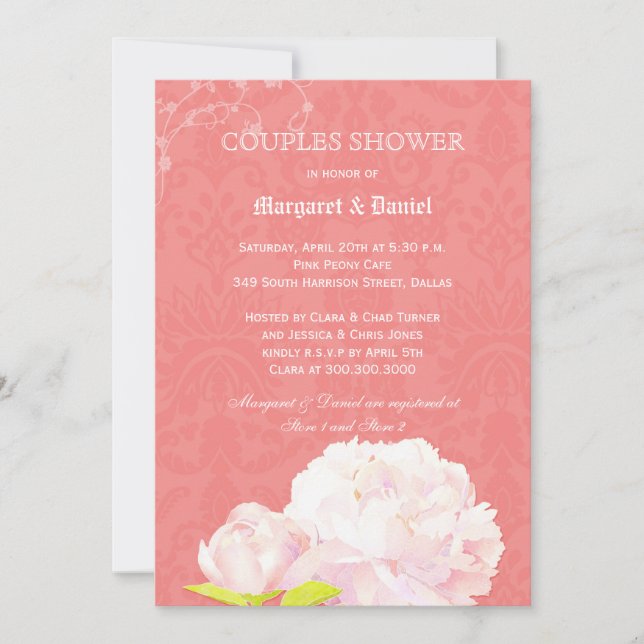 Invitación Pink Peony Coral Boda Ducha Parejas (Anverso)