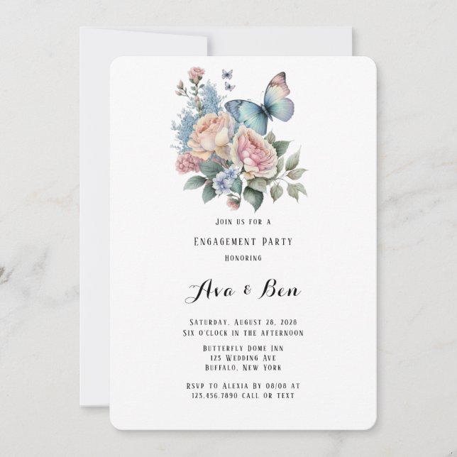 Invitación Pink Peony Dusty Blue Butterfly Engagement Party (Anverso)