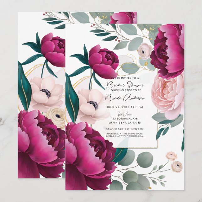 Invitación Pink Peony Eucalyptus Garden Floral Bridal Shower (Anverso / Reverso)