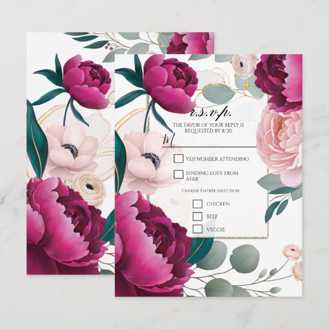 Invitación Pink Peony Eucalyptus Garden Floral Glam R.S.V.P. (Anverso / Reverso)