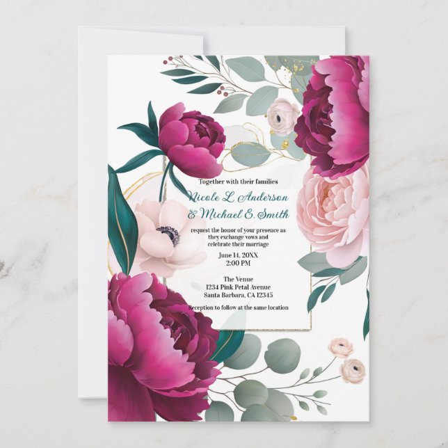 Invitación Pink Peony Eucalyptus Garden Floral Glam Wedding  (Anverso)