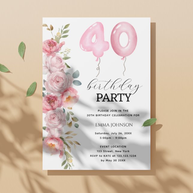 Invitación Pink Peony Floral Balón 40.º Fiesta de cumpleaños (Subido por el creador)