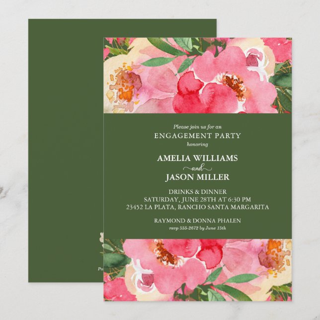 Invitación Pink Peony Floral Engagement Party (Anverso / Reverso)