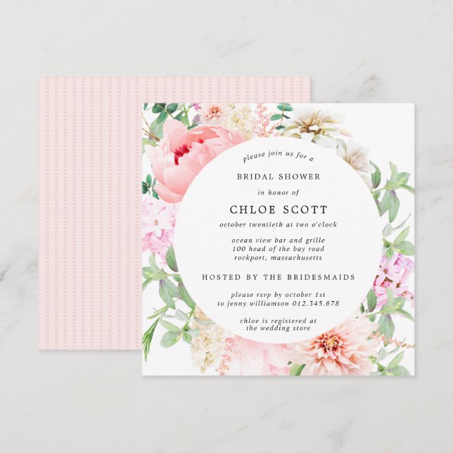 Invitación Pink Peony Floral Square Brillante (Anverso / Reverso)