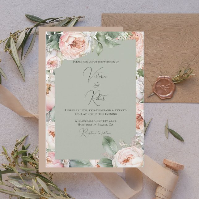 Invitación Pink Peony Floral Watercolor Sage Boda moderno (Subido por el creador)