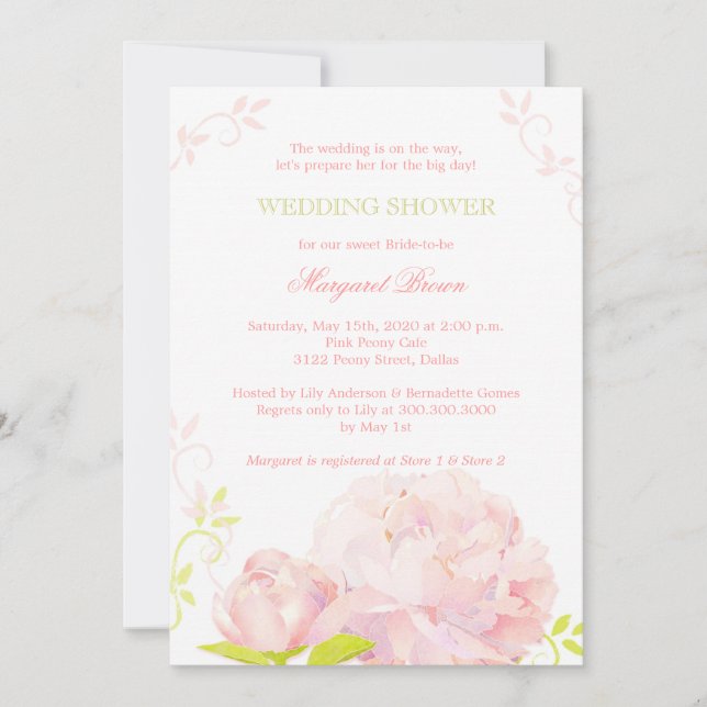 Invitación Pink Peony Floral Wedding Shower (Anverso)