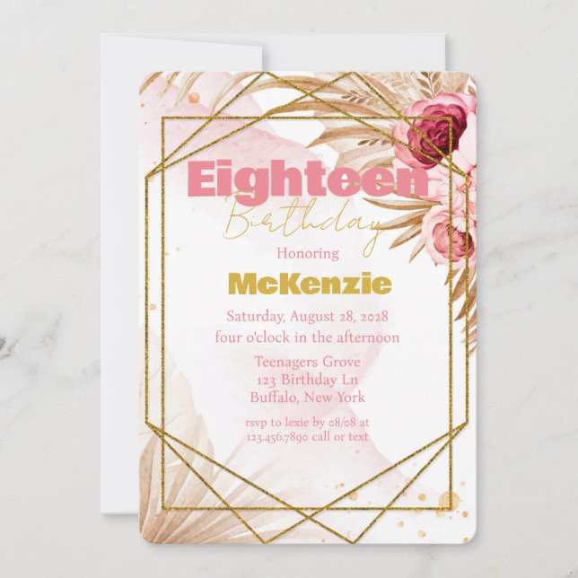 Invitación Pink Peony Gold Purpurina 18th Birthday Party (Anverso)