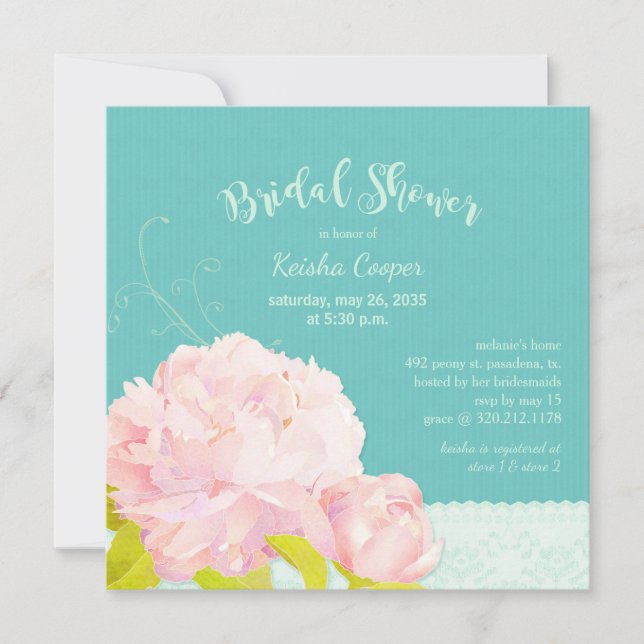 Invitación Pink Peony Lagoon Green Bridal Shower (Anverso)