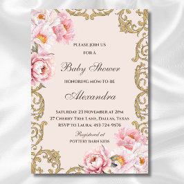 Invitación Pink Peony Rococo Vintage Floral Baby Shower