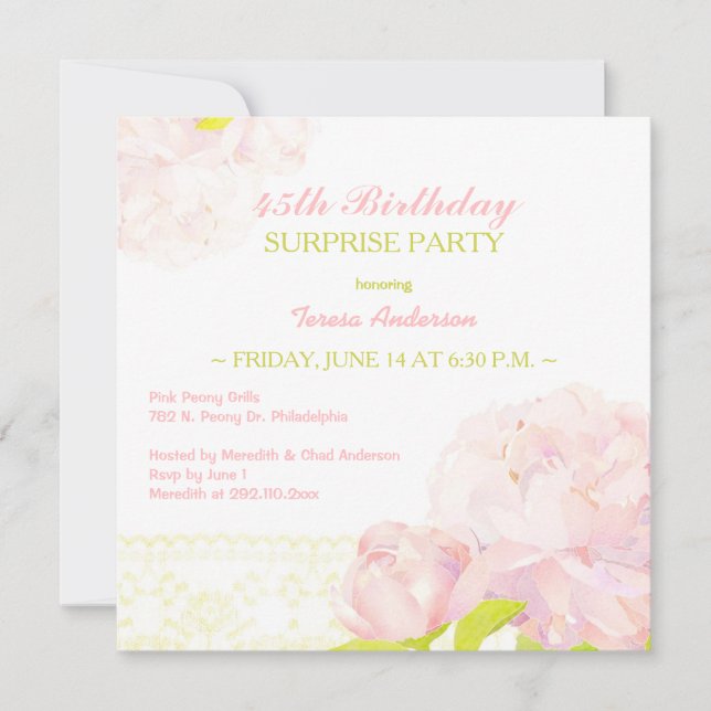 Invitación Pink Peony Surprise Birday Party (Anverso)