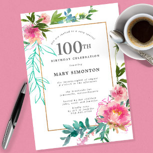 Invitación Pink Peony Watercolor Floral 100 cumpleaños