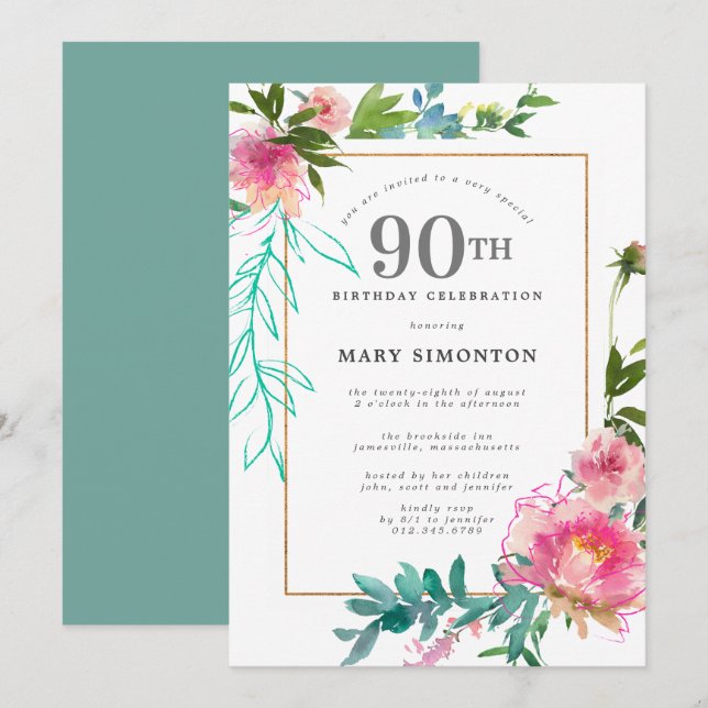 Invitación Pink Peony Watercolor Floral 90 cumpleaños (Anverso / Reverso)