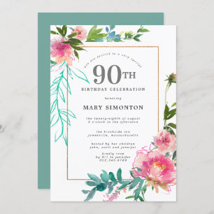 Invitación Pink Peony Watercolor Floral 90 cumpleaños