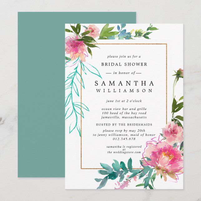 Invitación Pink Peony Watercolor Floral Brillante (Anverso / Reverso)
