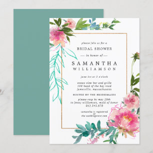 Invitación Pink Peony Watercolor Floral Brillante