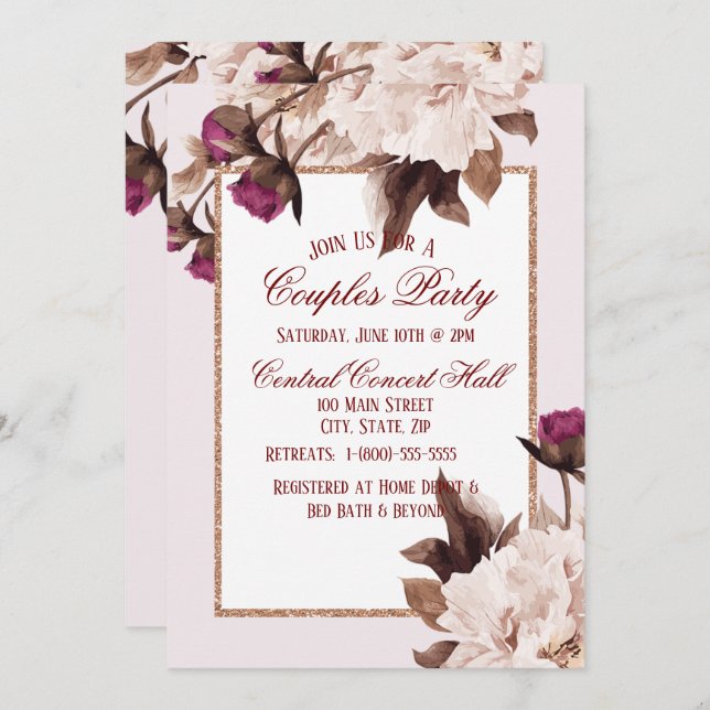 Invitación Pink Peony Watercolor Parejas Florales Fiesta (Anverso / Reverso)