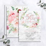 Invitación Pink Peony Wreath Rosa Gold Marble 50 y fabuloso<br><div class="desc">Manos abajo mi diseño favorito de todos los tiempos hasta la fecha, esta magnífica invitación de cumpleaños incluye las más hermosas flores de acuarela que he visto nunca - ¡tan realistas que parecen fotos! Una corona de peonías rosadas y astilbe, dahlias, pelotas de alio, ramas de eucalipto, y un delicado...</div>