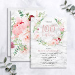 Invitación Pink Peony Wreath Rosa Oro Marble Typografía 100<br><div class="desc">Manos abajo mi diseño favorito de todos los tiempos hasta la fecha, esta magnífica invitación de cumpleaños incluye las más hermosas flores de acuarela que he visto nunca - ¡tan realistas que parecen fotos! Una corona de peonías rosadas y astilbe, dahlias, alonetas, ramas de eucalipto y un delicado crisantemo burdeos...</div>