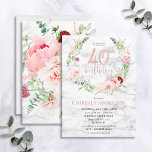 Invitación Pink Peony Wreath Rosa Oro Marble Typografía 40<br><div class="desc">Manos abajo mi diseño favorito de todos los tiempos hasta la fecha, esta magnífica invitación de cumpleaños incluye las más hermosas flores de acuarela que he visto nunca - ¡tan realistas que parecen fotos! Una corona de peonías rosadas y astilbe, dahlias, alonetas, ramas de eucalipto y un delicado crisantemo burdeos...</div>
