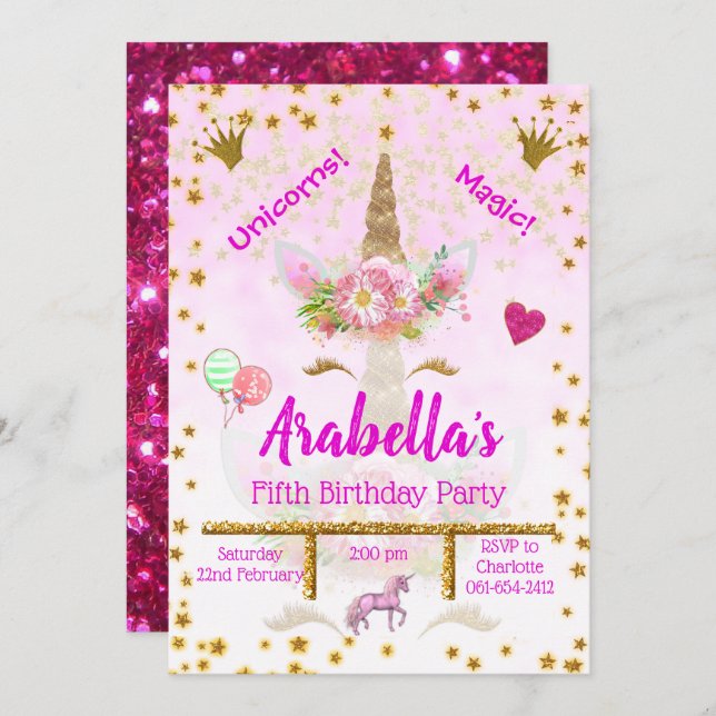 Invitación Pink personalizado, estrellas de oro, cumpleaños d (Anverso / Reverso)