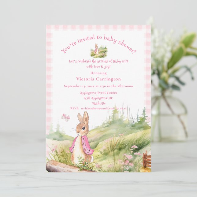 Invitación Pink Peter Rabbit Baby Baby Shower (Anverso de pie)