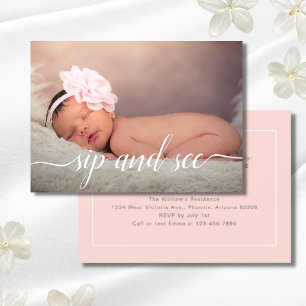 Invitación Pink Photo Girly Sip y See Baby Shower Pink