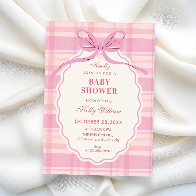 Invitación Pink plaid bow baby shower (Subido por el creador)