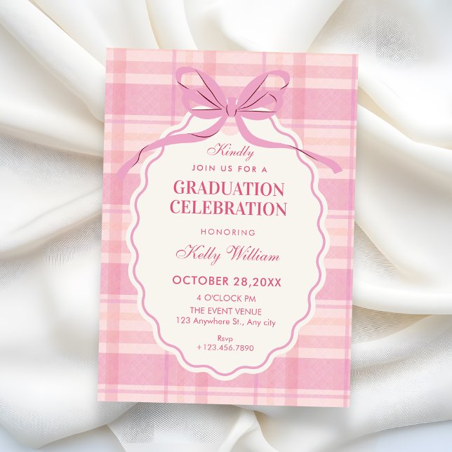 Invitación Pink plaid bow graduation (Subido por el creador)