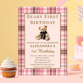 Invitación Pink Plaid Vintage Beary First Girl 1st Birthday