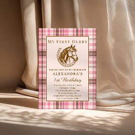 Invitación Pink Plaid Vintage First Derby Girl 1st Birthday