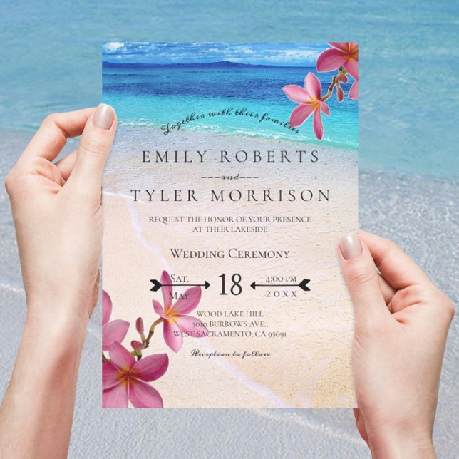 Invitación Pink Plumeria Beach Destination Wedding © (Subido por el creador)