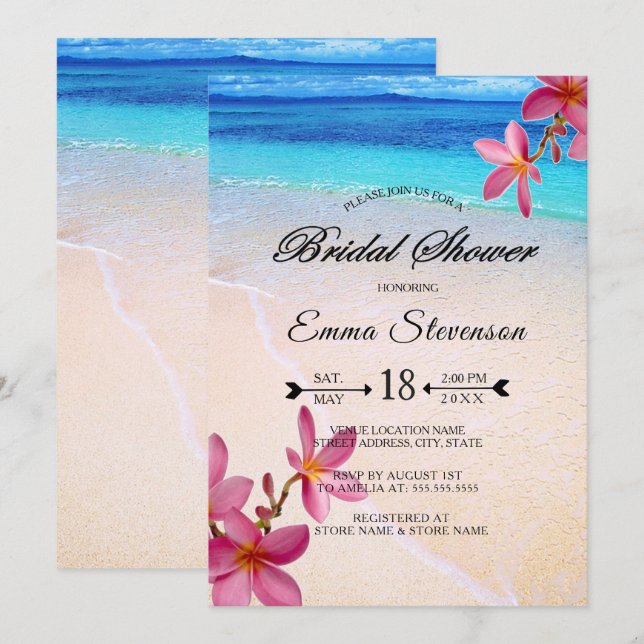 Invitación Pink Plumeria Beach Destino Ducha de Novias © (Anverso / Reverso)