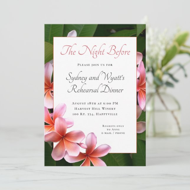Invitación Pink Plumeria Wedding Rehearsal Dinner (Anverso de pie)