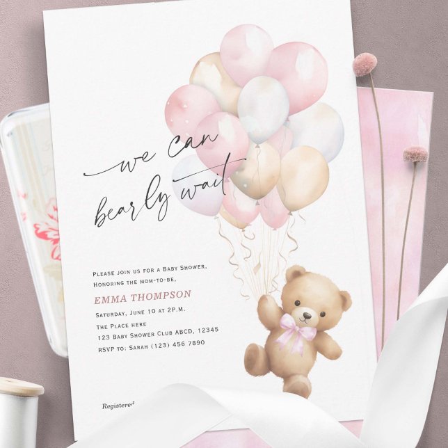 Invitación Pink Podemos Esperar A La Sencilla Niña Ducha (Pink We Can Bearly Wait, Cute Teddy Bear Baby Girl Shower Invitation.)
