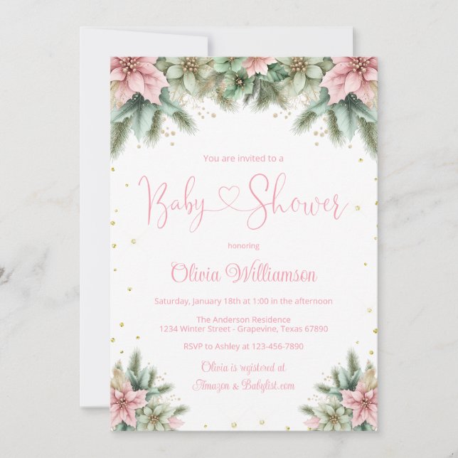 Invitación Pink Poinsettia Baby Shower (Anverso)