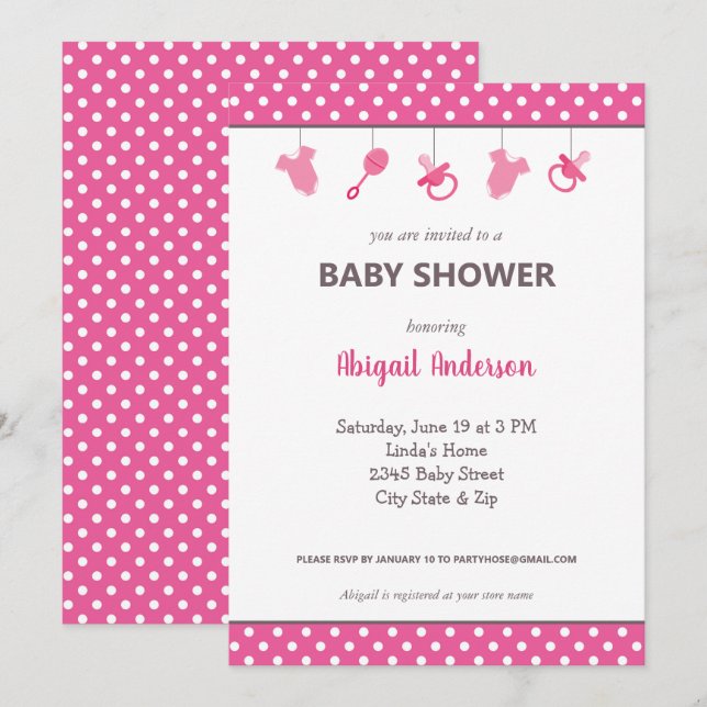 Invitación Pink Polka Dot Baby Baby Shower (Anverso / Reverso)