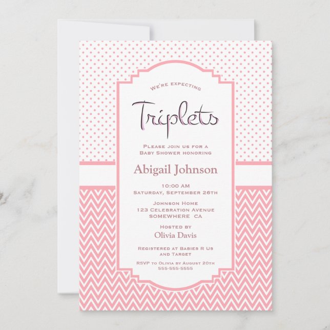 Invitación Pink Polka Dots Chevron Stripes Triplets (Anverso)